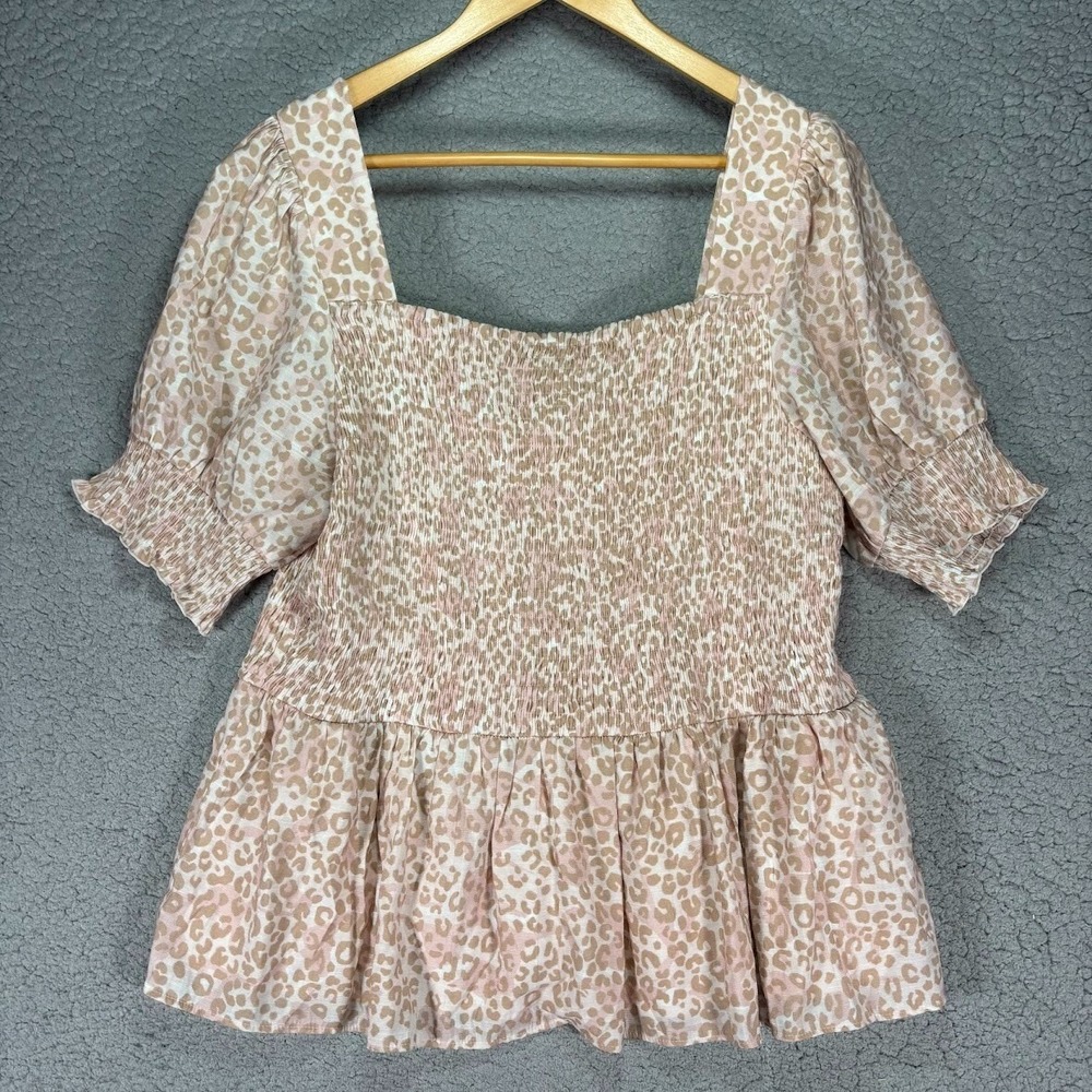 Nine West Pink Cheetah Animal Print Smocked Top with Square Neck Sz XXL Peplum